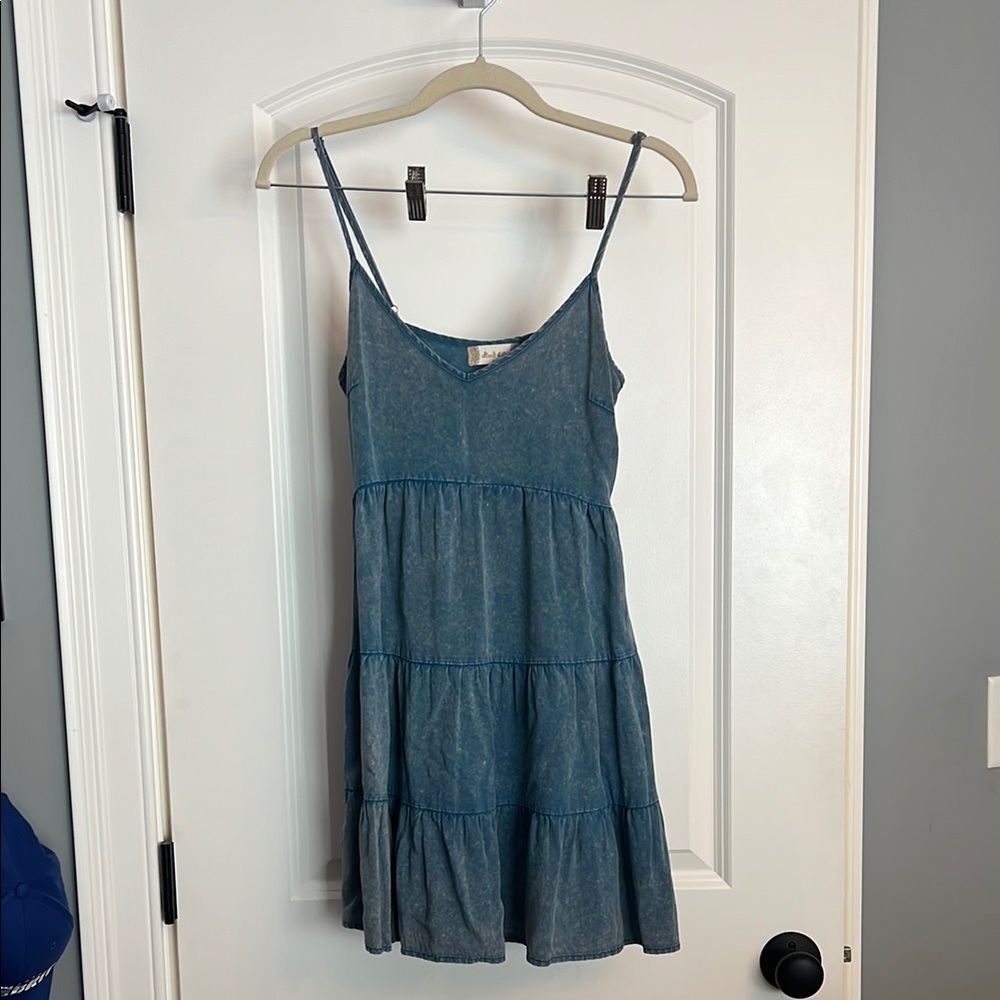 Blue Tiered Denim-Look Spaghetti Strap Dress